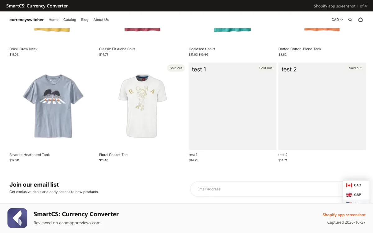 SmartCS: Currency Converter Shopify app screenshot: Currency switcher on the storefront