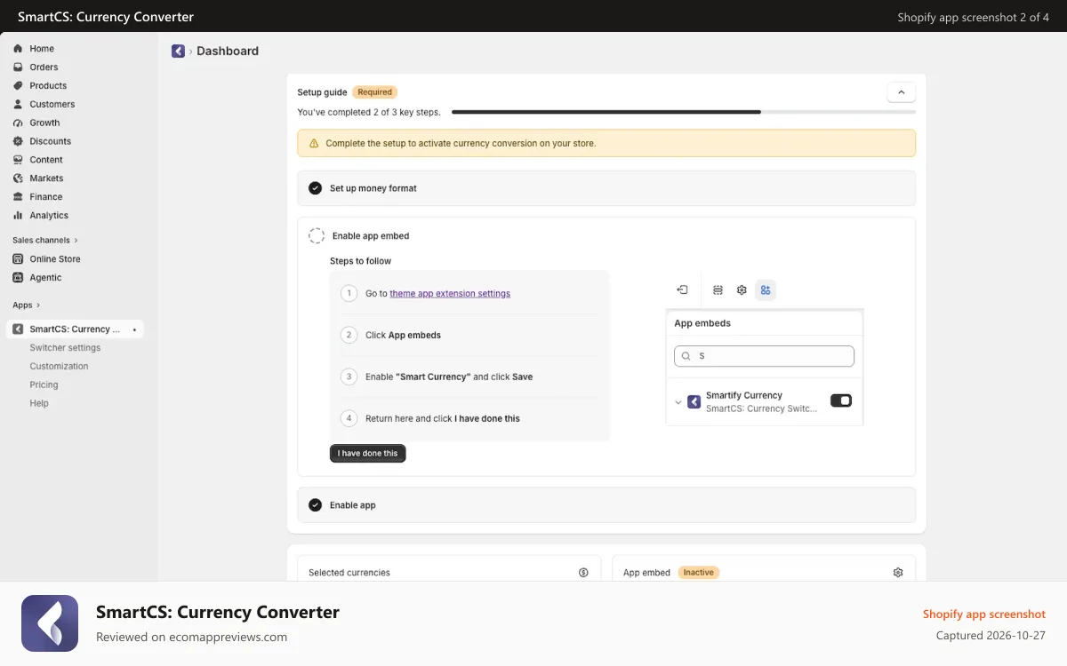 SmartCS: Currency Converter Shopify app screenshot: Currency switcher dashboard