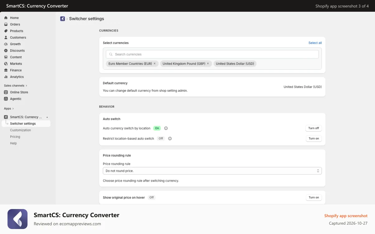 SmartCS: Currency Converter Shopify app screenshot: Currency switcher settings