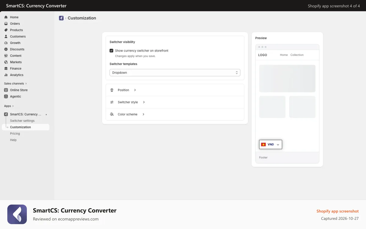 SmartCS: Currency Converter Shopify app screenshot: Customization