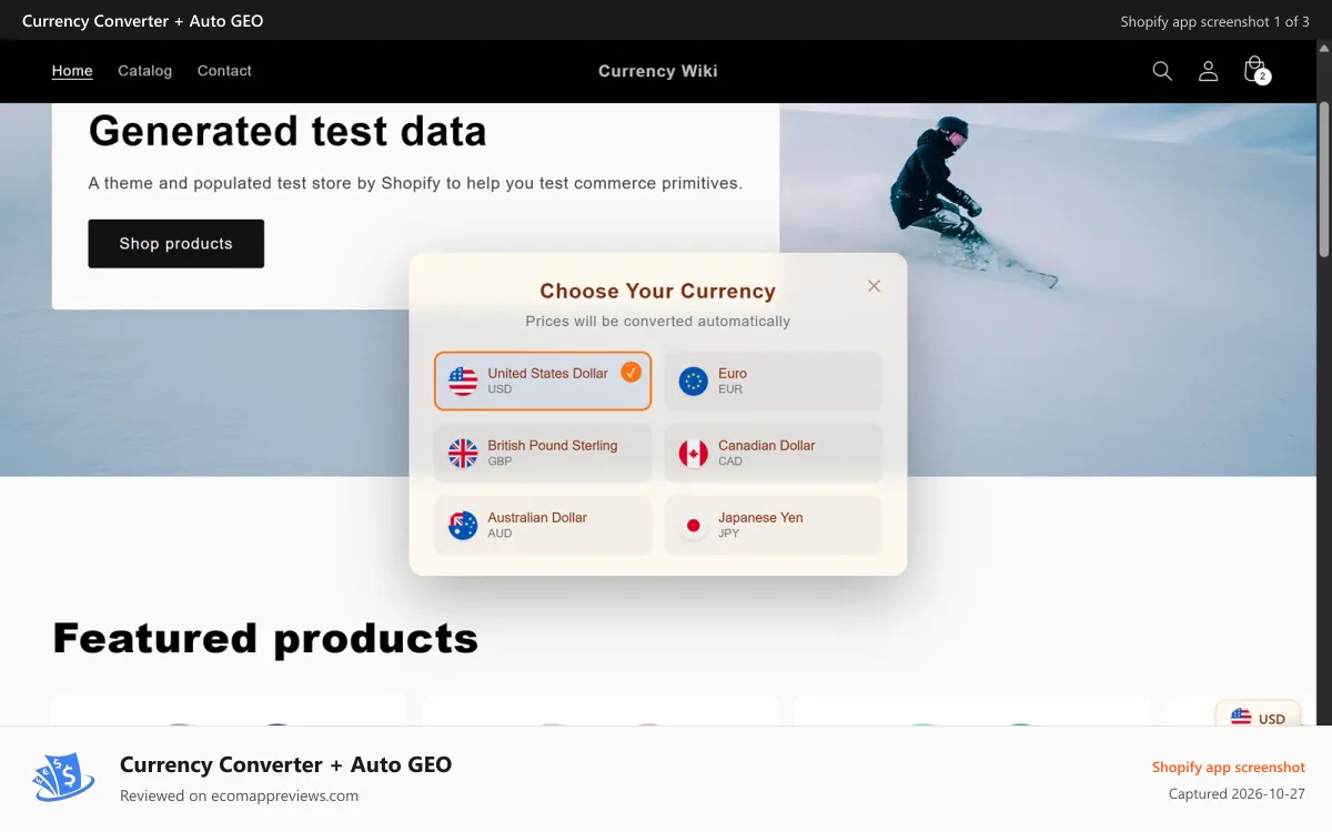 Currency Converter + Auto GEO Shopify app screenshot: Modal Popup + Sunset color theme