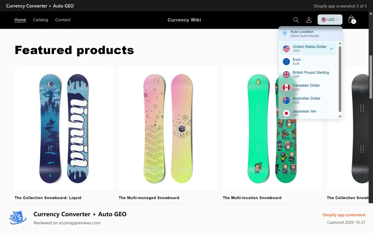 Currency Converter + Auto GEO Shopify app screenshot: Minimal Dropdown + Ocean color theme