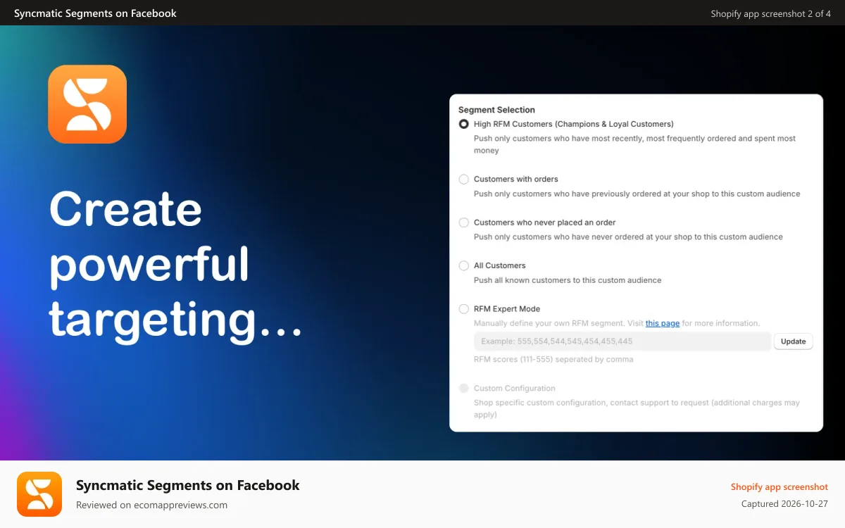 Syncmatic Segments on Facebook Shopify app screenshot: Powerful Targeting