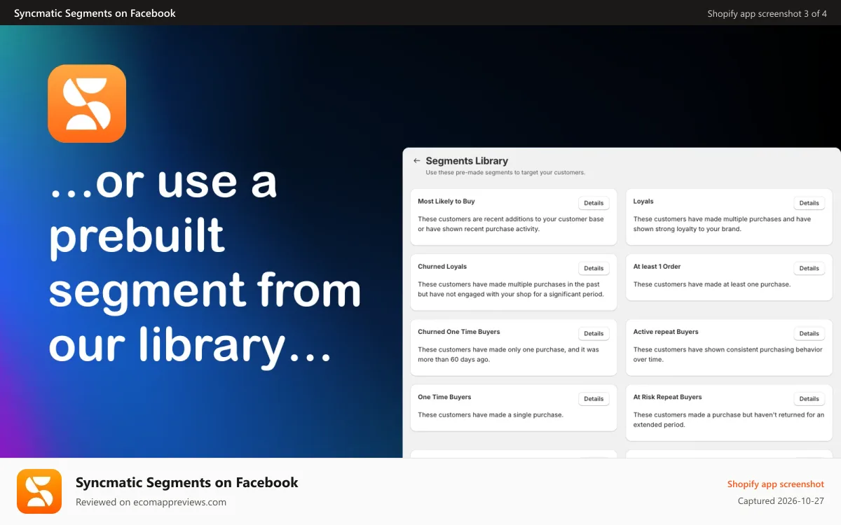 Syncmatic Segments on Facebook Shopify app screenshot: Use our Prebuilt Library
