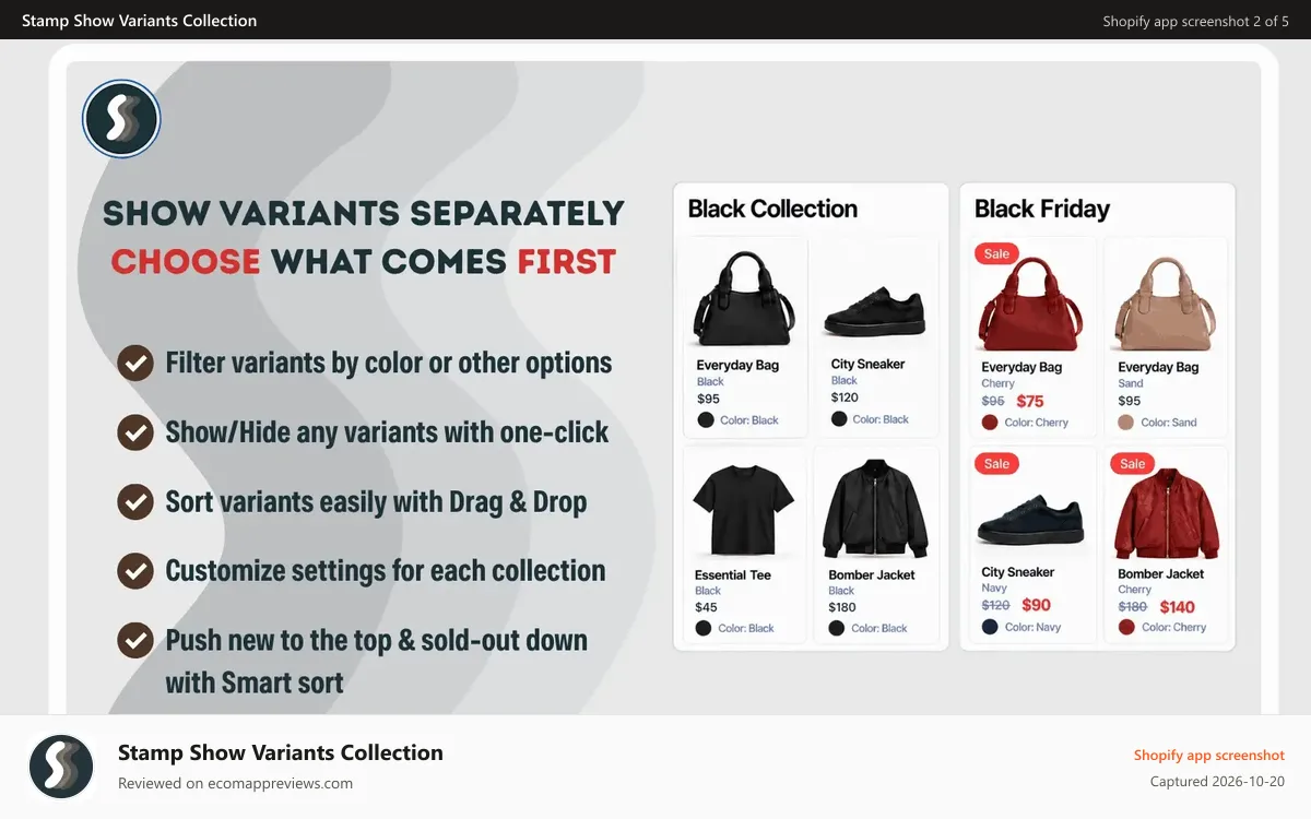 Stamp Show Variants Collection Shopify app screenshot: Customize settings per collection with advanced variant controls