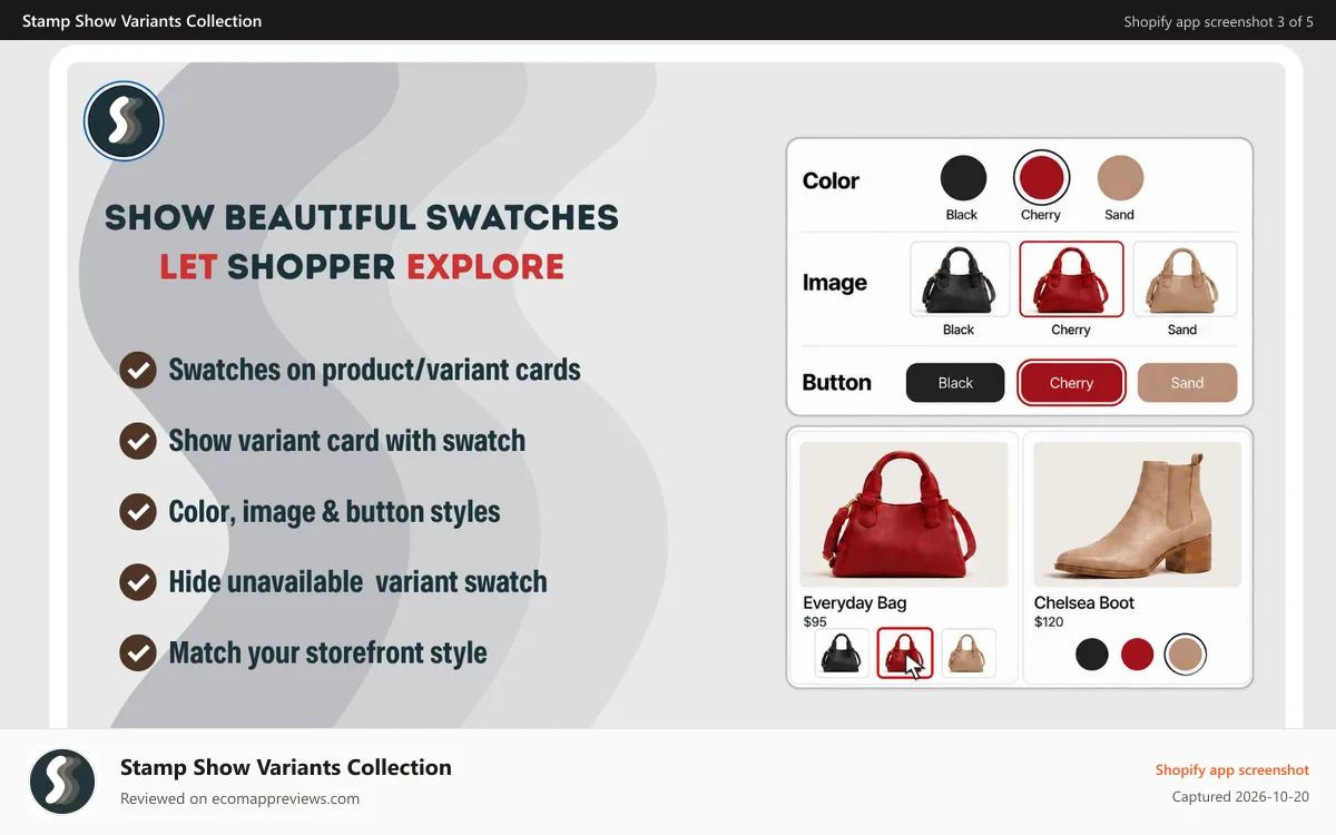 Stamp Show Variants Collection Shopify app screenshot: Show color swatches on collection pages with one-click