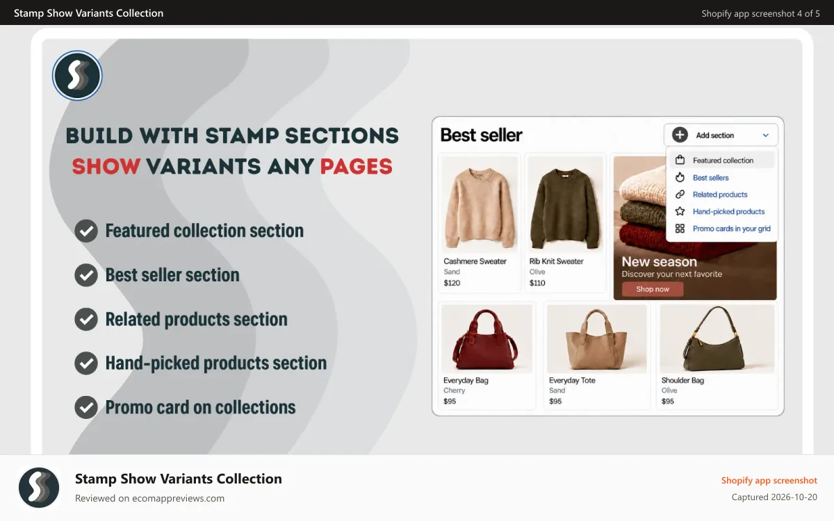 Stamp Show Variants Collection Shopify app screenshot: Show products/variants with 4 new sections on many pages easily!