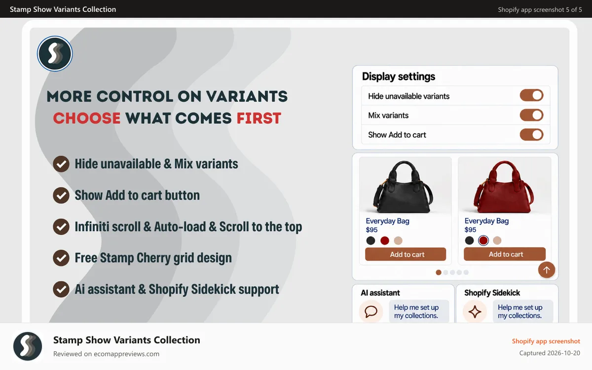 Stamp Show Variants Collection Shopify app screenshot: Hide unavailable, mix variants, infinite scroll and more control