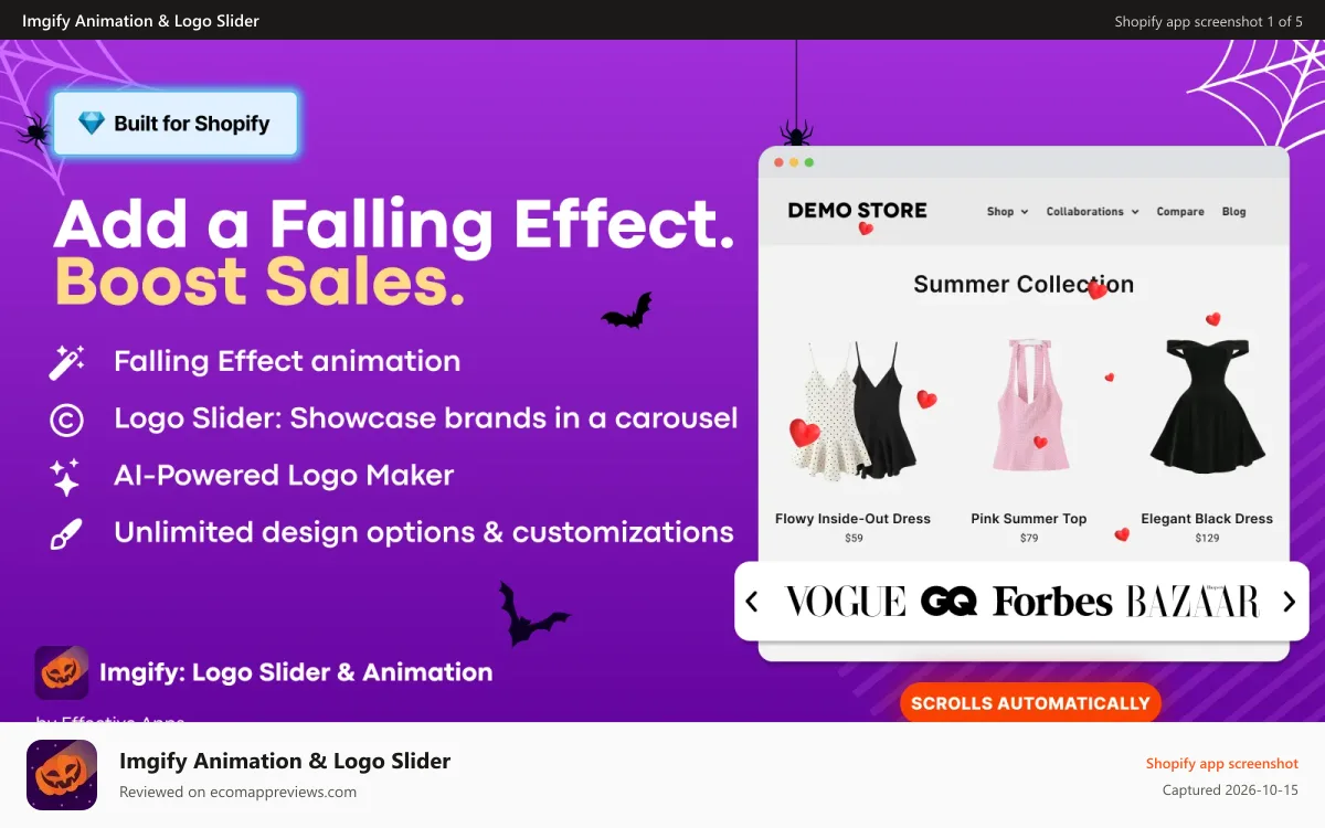 Imgify Animation & Logo Slider Shopify app screenshot: The falling effect in action: Falling hearts snow in the store.