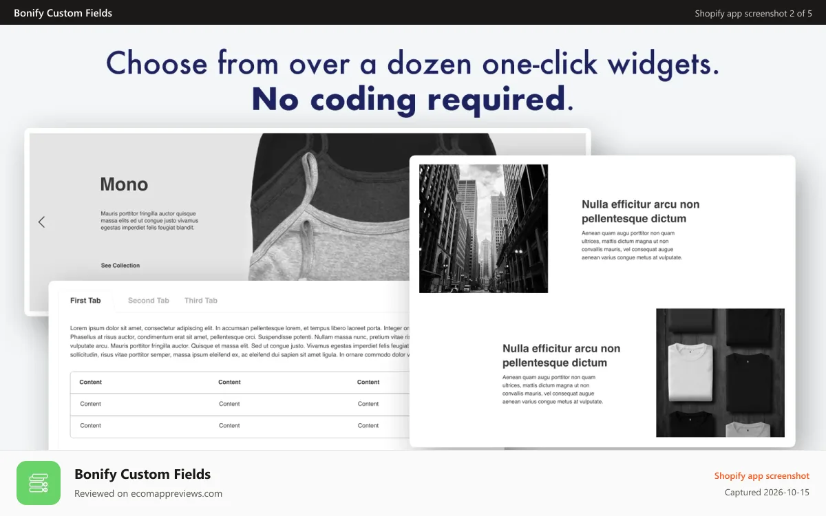 Bonify Custom Fields Shopify app screenshot: No coding required with prebuilt widgets