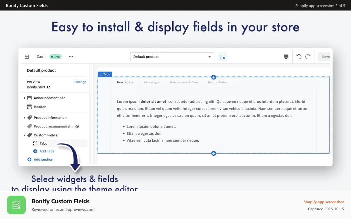 Bonify Custom Fields Shopify app screenshot: Easy install & display fields in your store