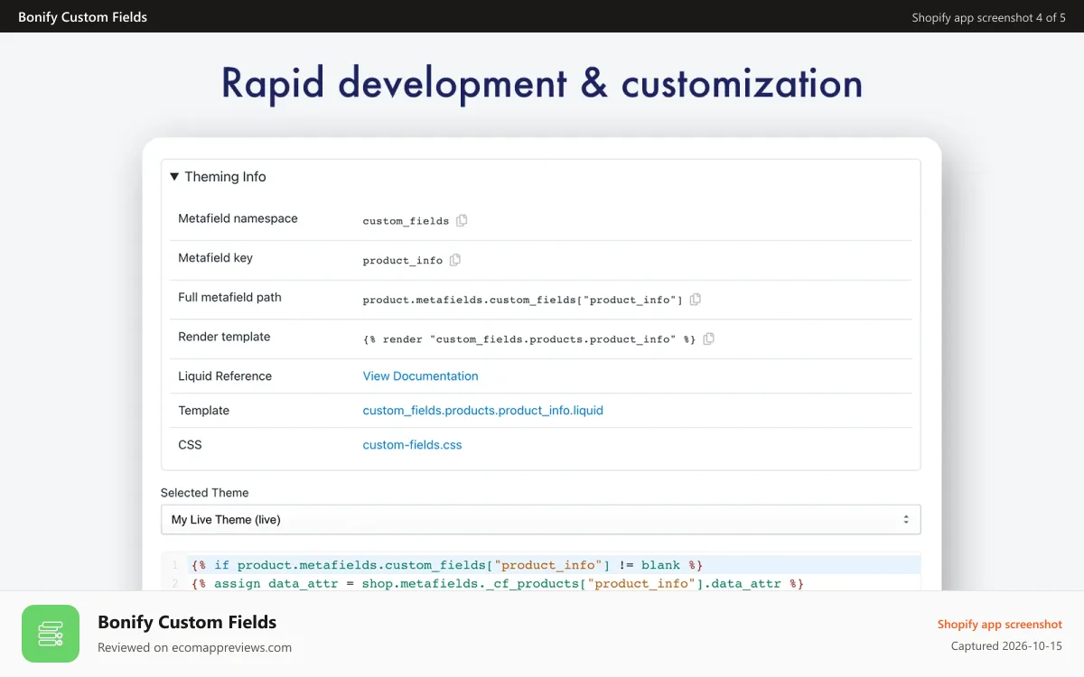 Bonify Custom Fields Shopify app screenshot: Rapid development & customization