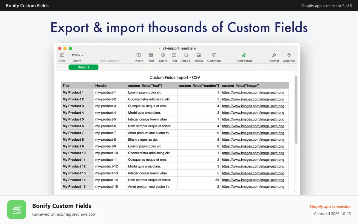 Bonify Custom Fields Shopify app screenshot: Import Custom Fields data for thousands of records