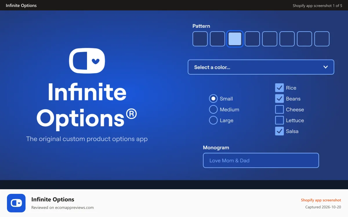 Infinite Options Shopify app screenshot: Custom product options
