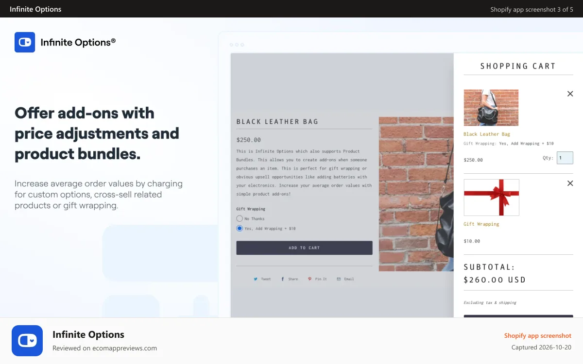 Infinite Options Shopify app screenshot: Offer add-ons with price adjustments and product bundles.