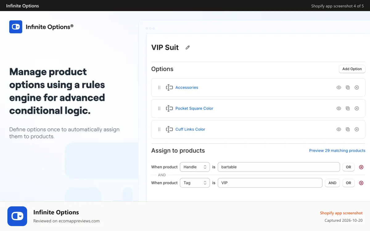 Infinite Options Shopify app screenshot: Manage product options using a rules engine for advanced conditi