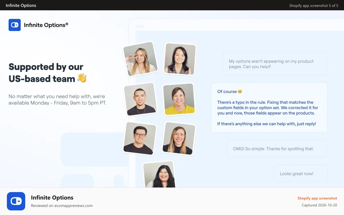Infinite Options Shopify app screenshot: Supported by our US-based team
