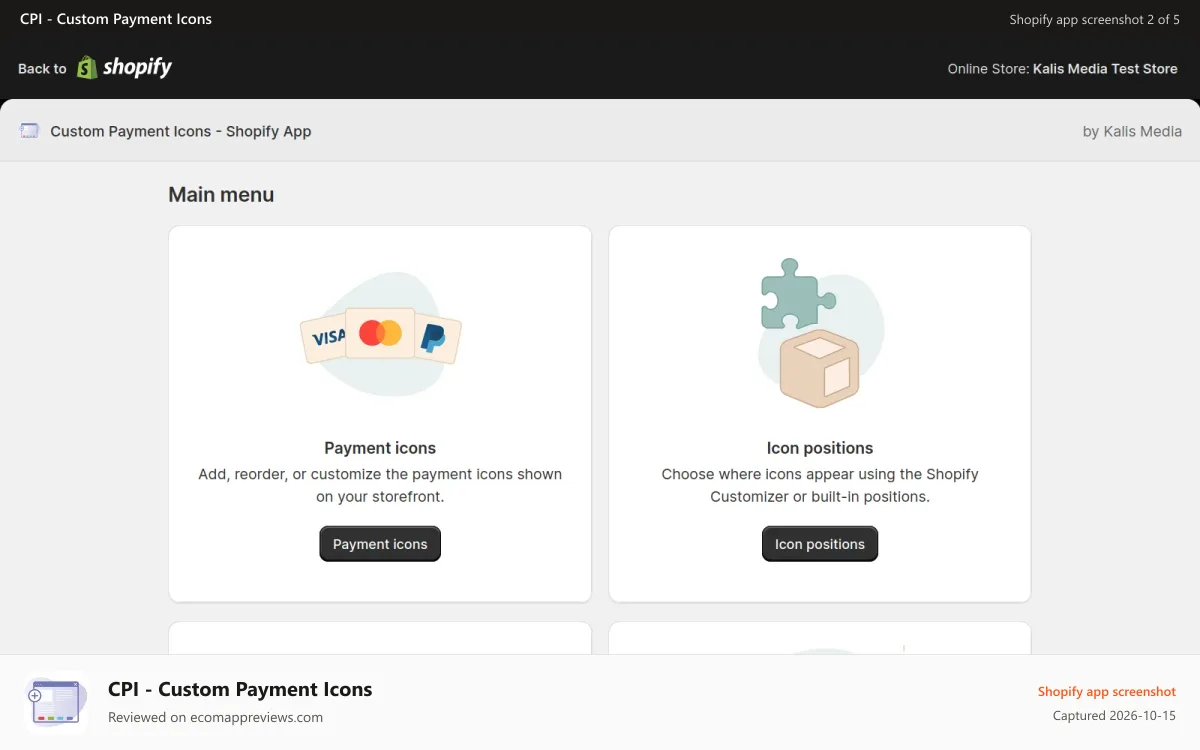 CPI ‑ Custom Payment Icons Shopify app screenshot: Main menu