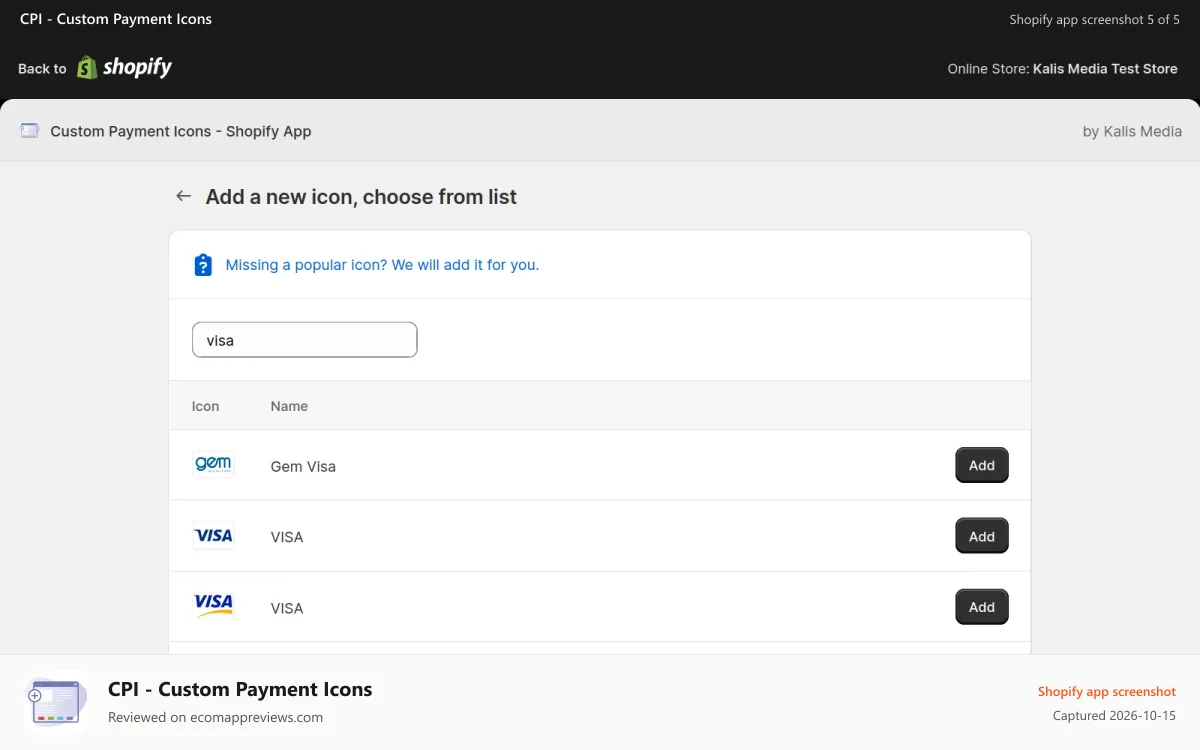 CPI ‑ Custom Payment Icons Shopify app screenshot: Choose icon from the list