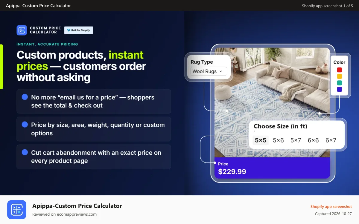 Apippa‑Custom Price Calculator Shopify app screenshot: Shopper entering a size and seeing the exact price