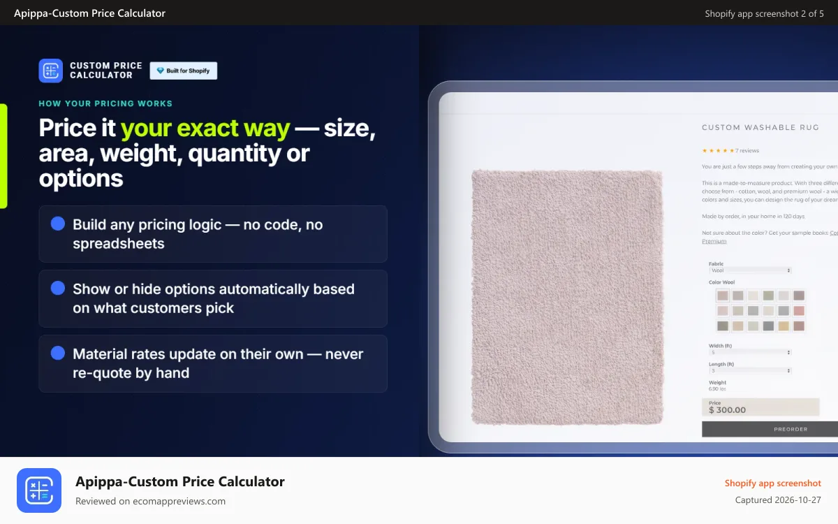 Apippa‑Custom Price Calculator Shopify app screenshot: Prices your exact way: size, area, weight, quantity or options