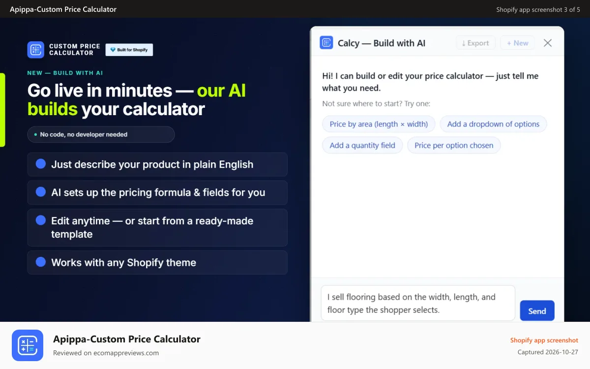 Apippa‑Custom Price Calculator Shopify app screenshot: Describing a product while the AI builds the calculator
