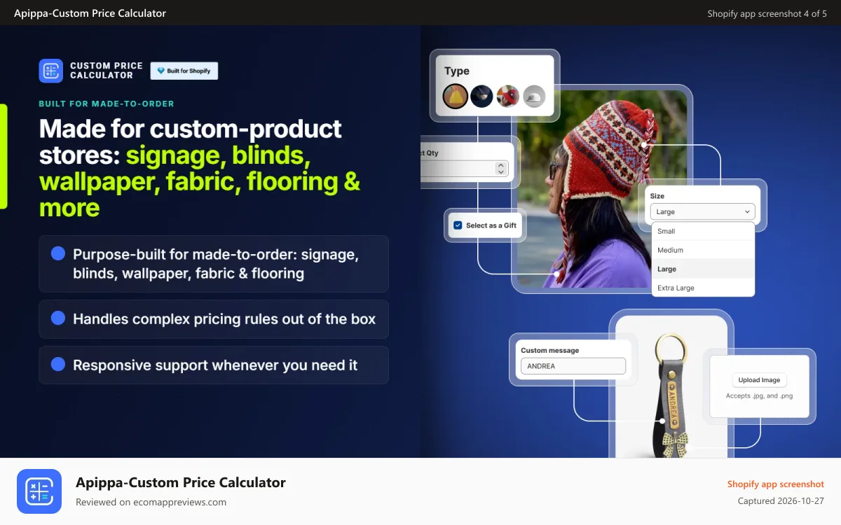 Apippa‑Custom Price Calculator Shopify app screenshot: Custom Price Calculator app: signage, blinds, fabric, flooring