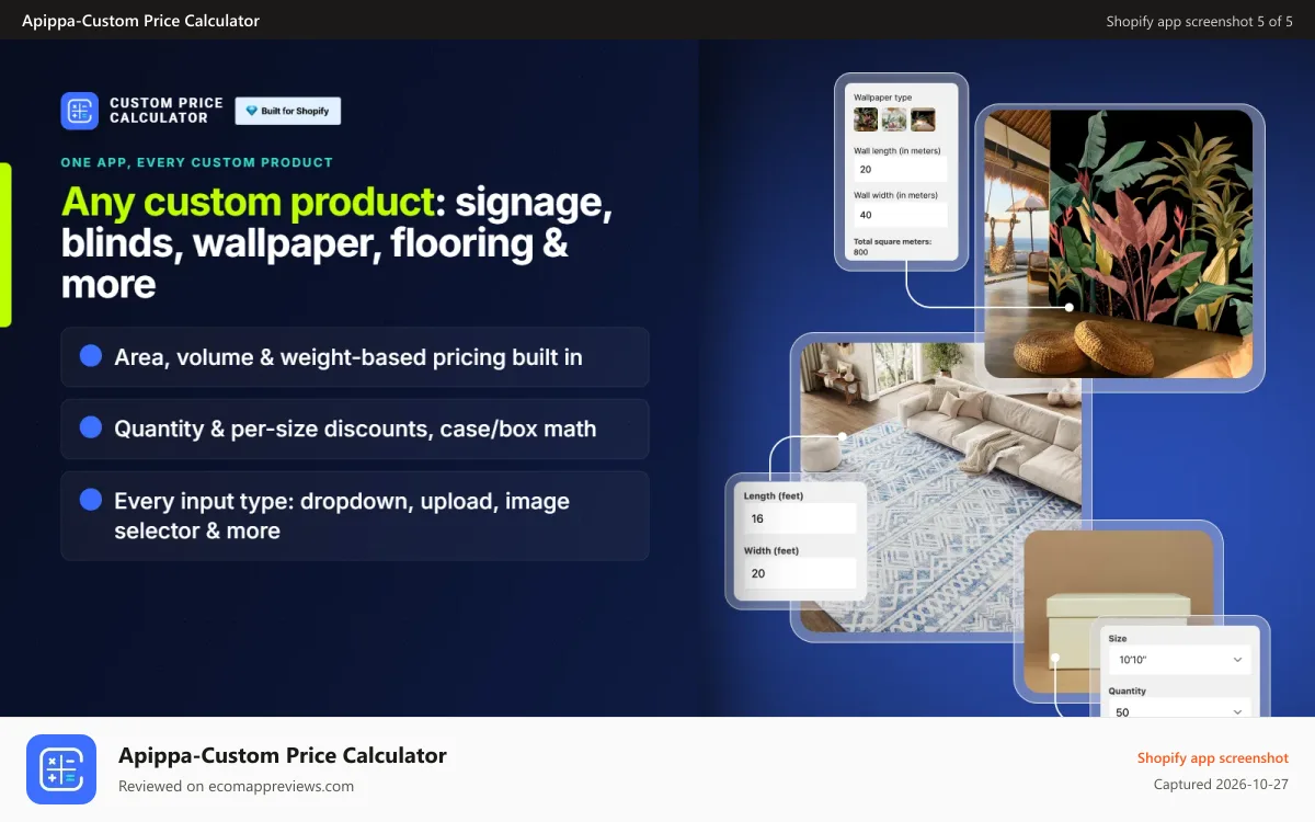 Apippa‑Custom Price Calculator Shopify app screenshot: Area & volume price calculator: wallpaper, flooring app