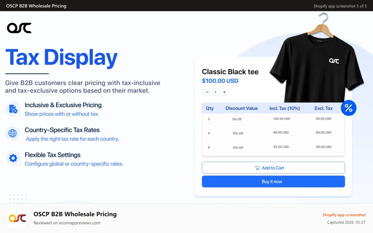 OSCP B2B Wholesale Pricing Shopify app screenshot: Tax Display