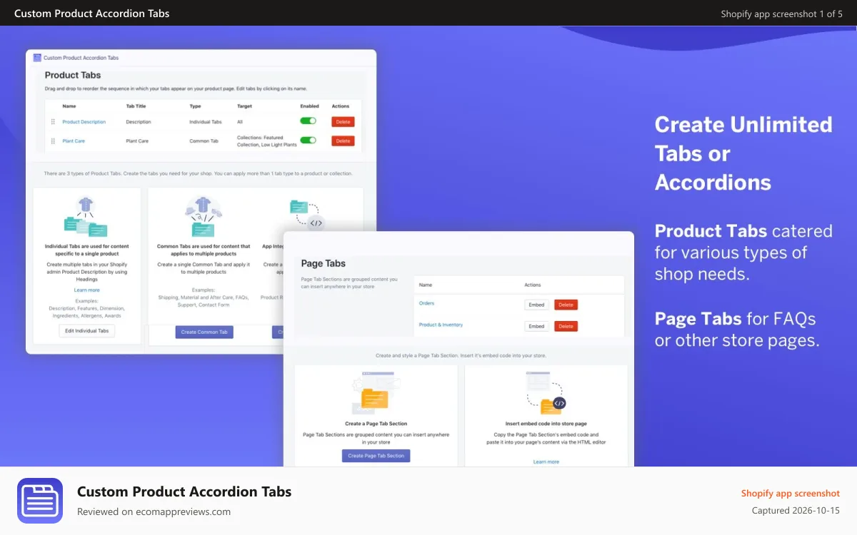 Custom Product Accordion Tabs Shopify app screenshot: Catered for different shops