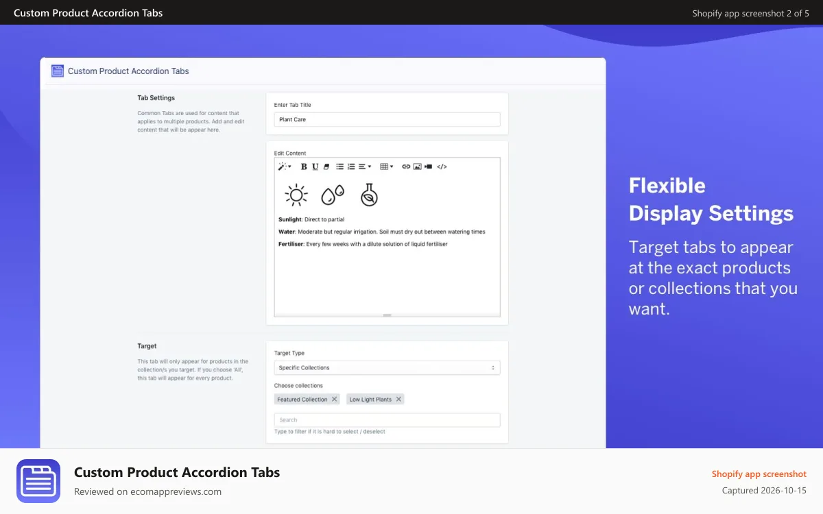 Custom Product Accordion Tabs Shopify app screenshot: Flexible display settings