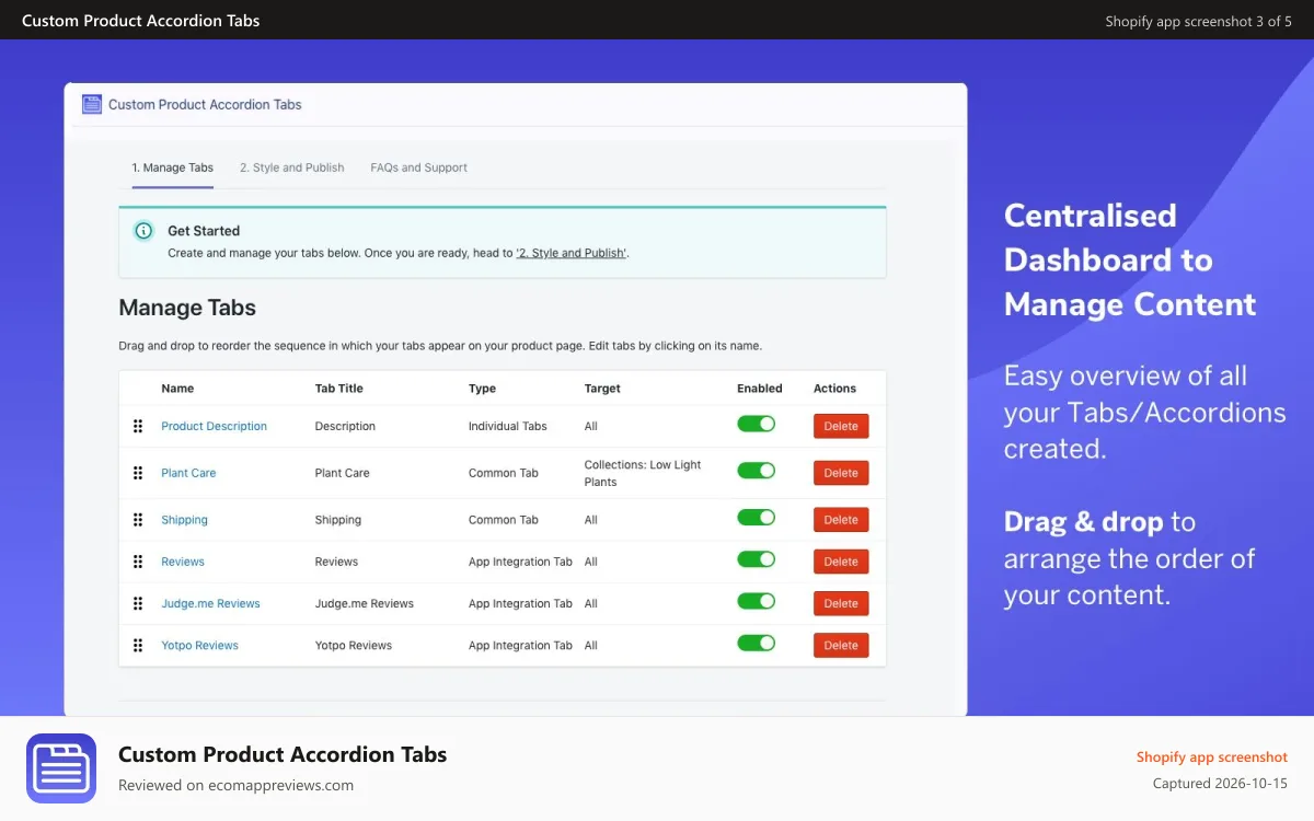 Custom Product Accordion Tabs Shopify app screenshot: Manage your content easily