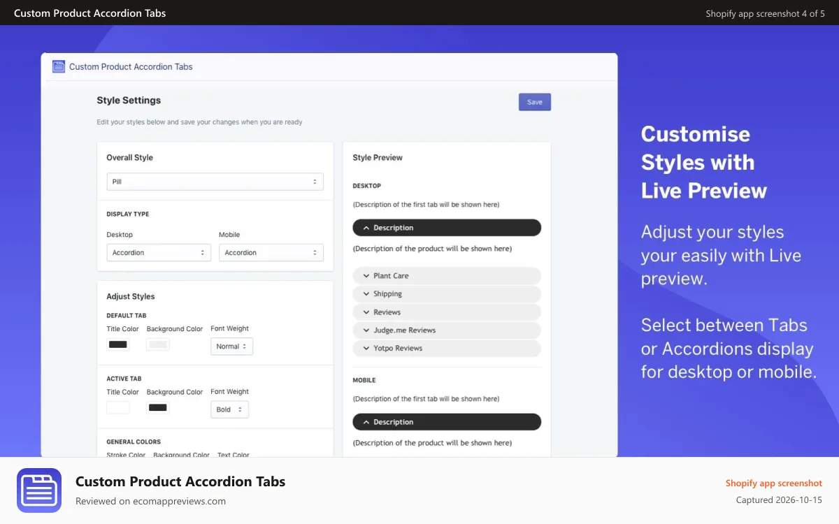 Custom Product Accordion Tabs Shopify app screenshot: Customise styles easily with live preview