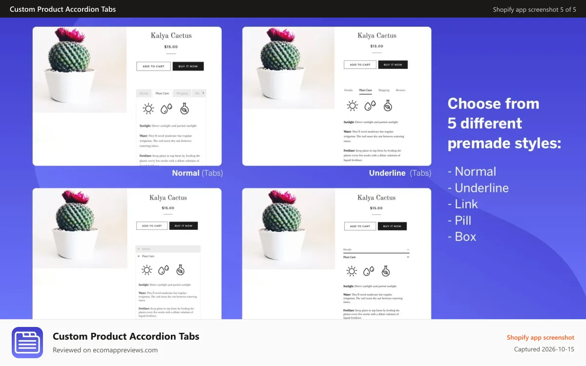 Custom Product Accordion Tabs Shopify app screenshot: Choose from 5 different premade styles