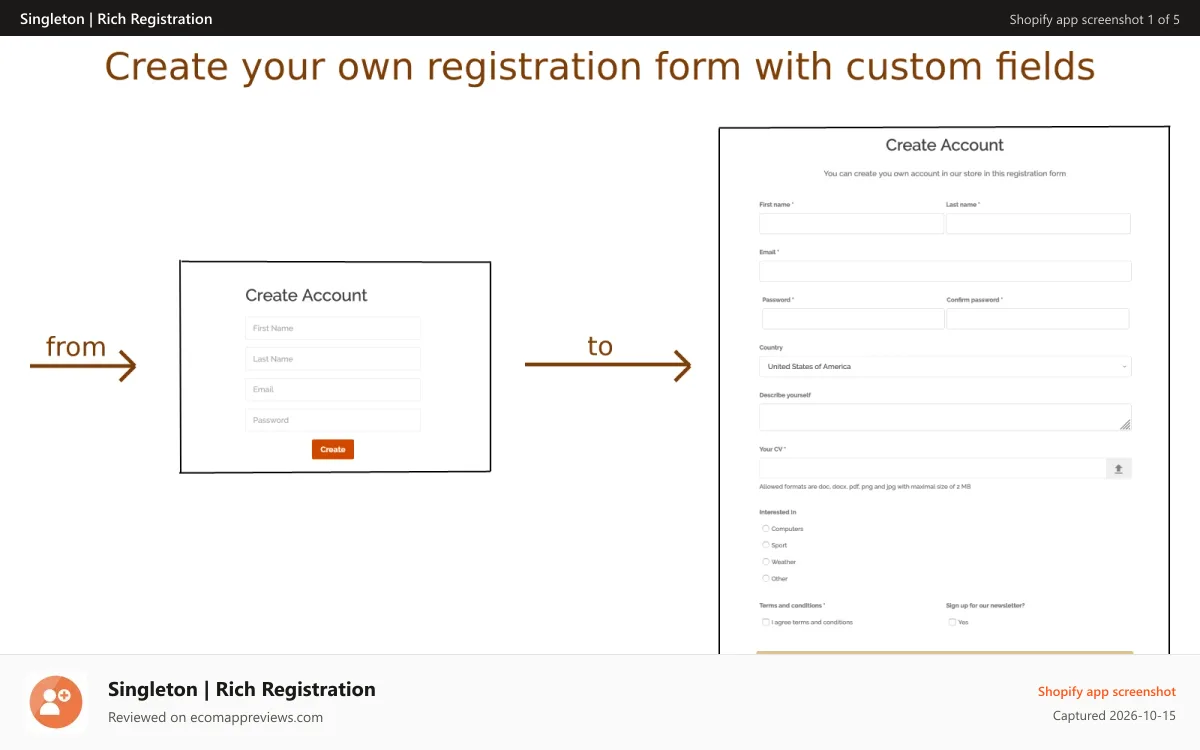 Singleton | Rich Registration Shopify app screenshot: Create your own registration form with custom fields