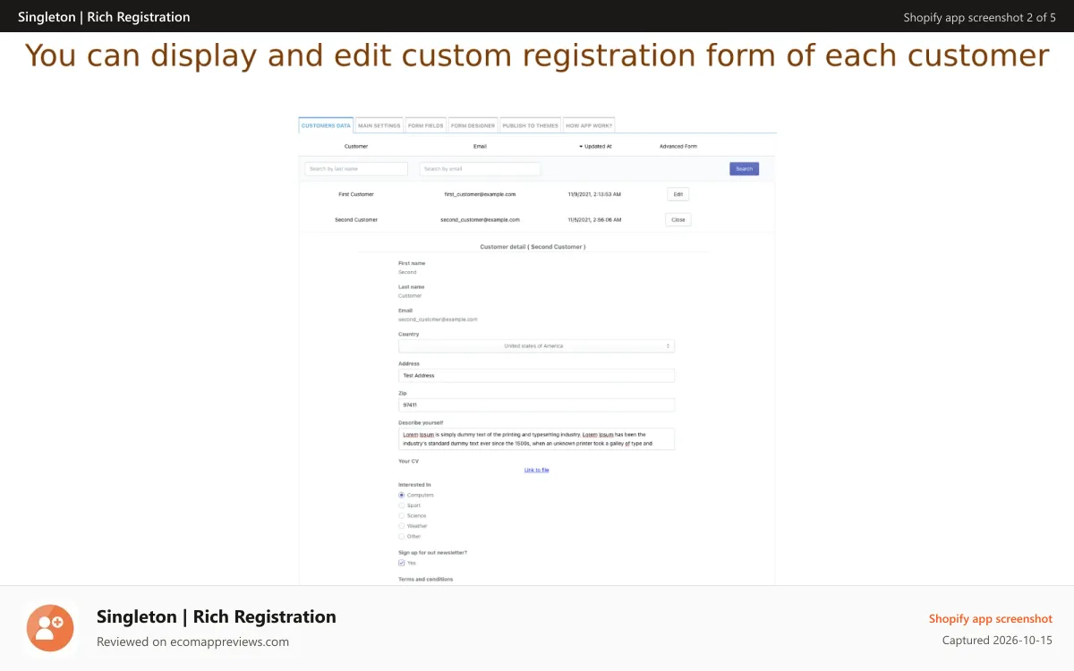 Singleton | Rich Registration Shopify app screenshot: You can edit customer registration form for each customer