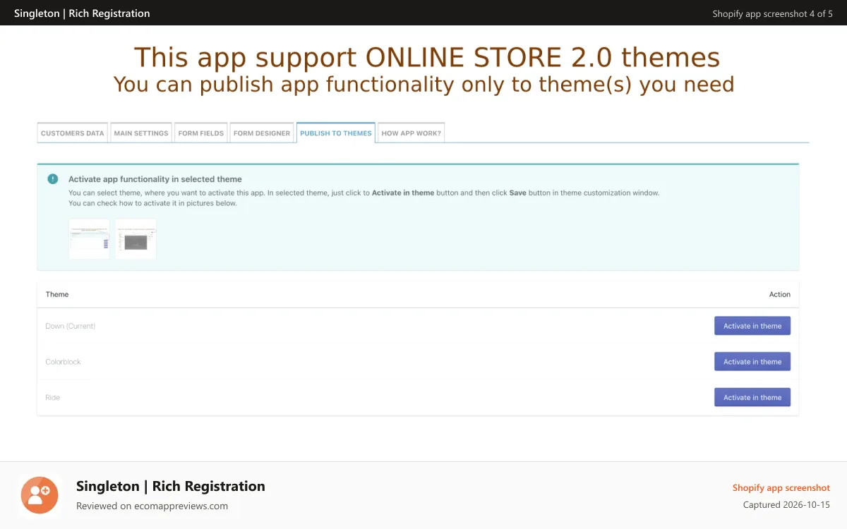 Singleton | Rich Registration Shopify app screenshot: Online Store 2.0 themes support