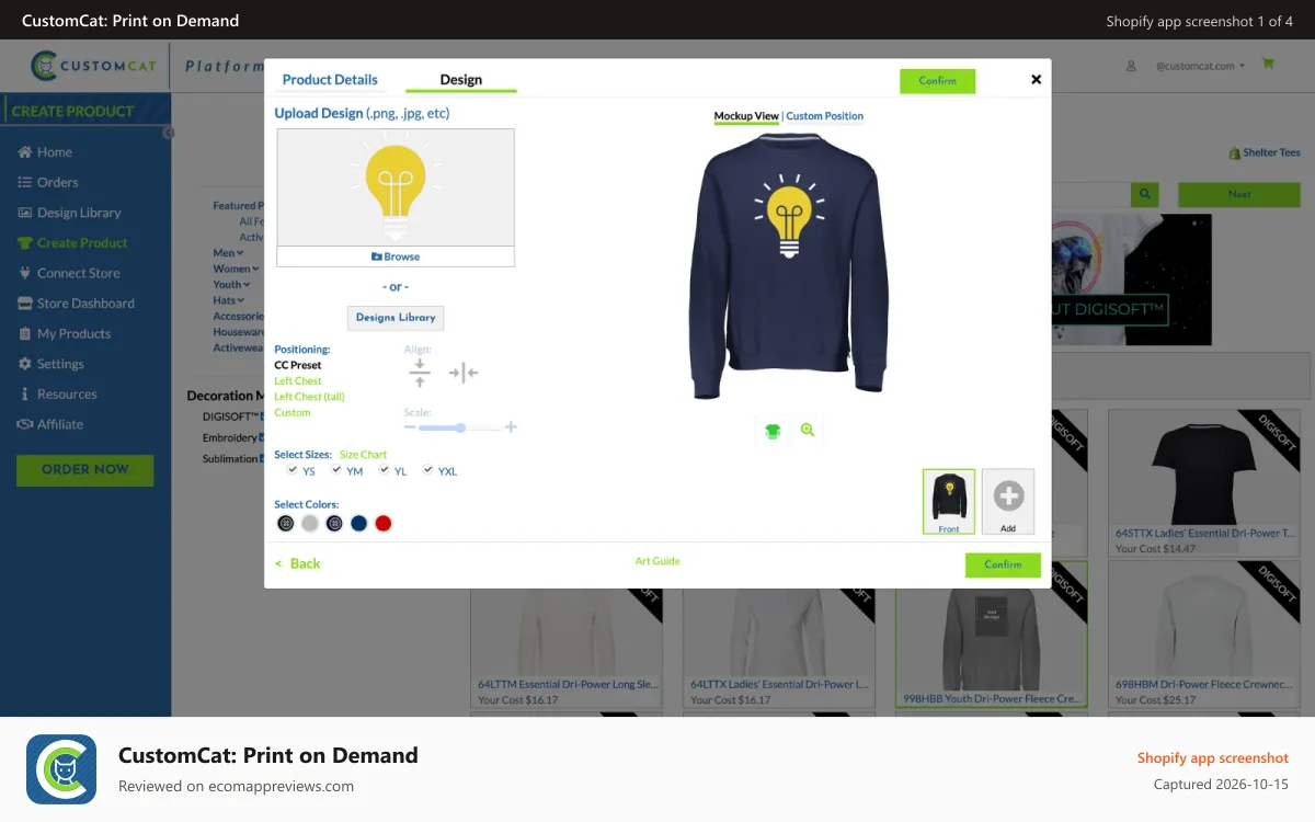 CustomCat: Print on Demand Shopify app screenshot: Create Product Listings and Select Variants
