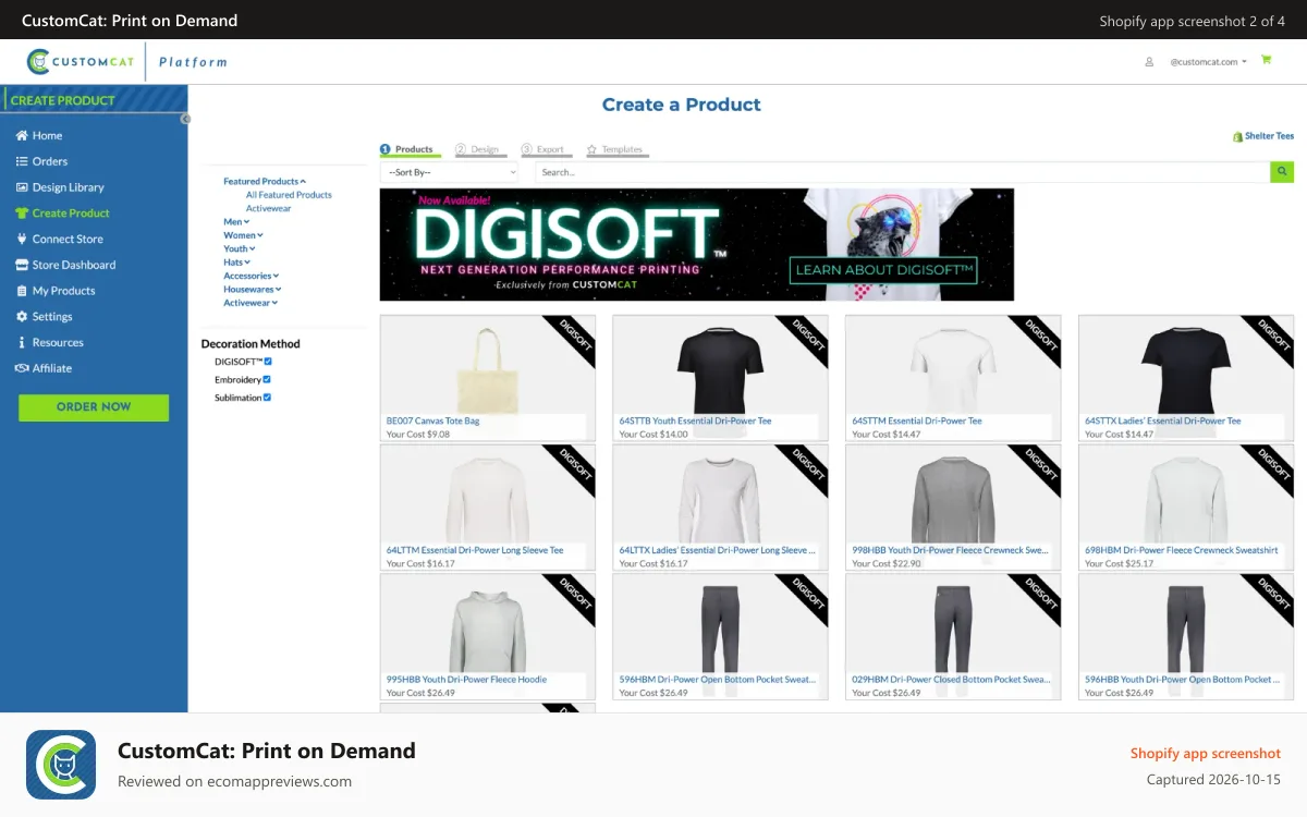 CustomCat: Print on Demand Shopify app screenshot: Select From Hundreds of Customizable Products