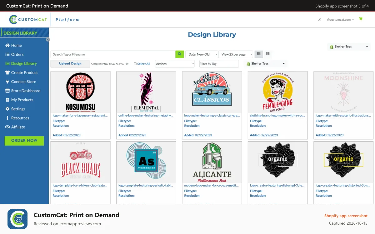 CustomCat: Print on Demand Shopify app screenshot: Upload and Manage Designs in the Design Library