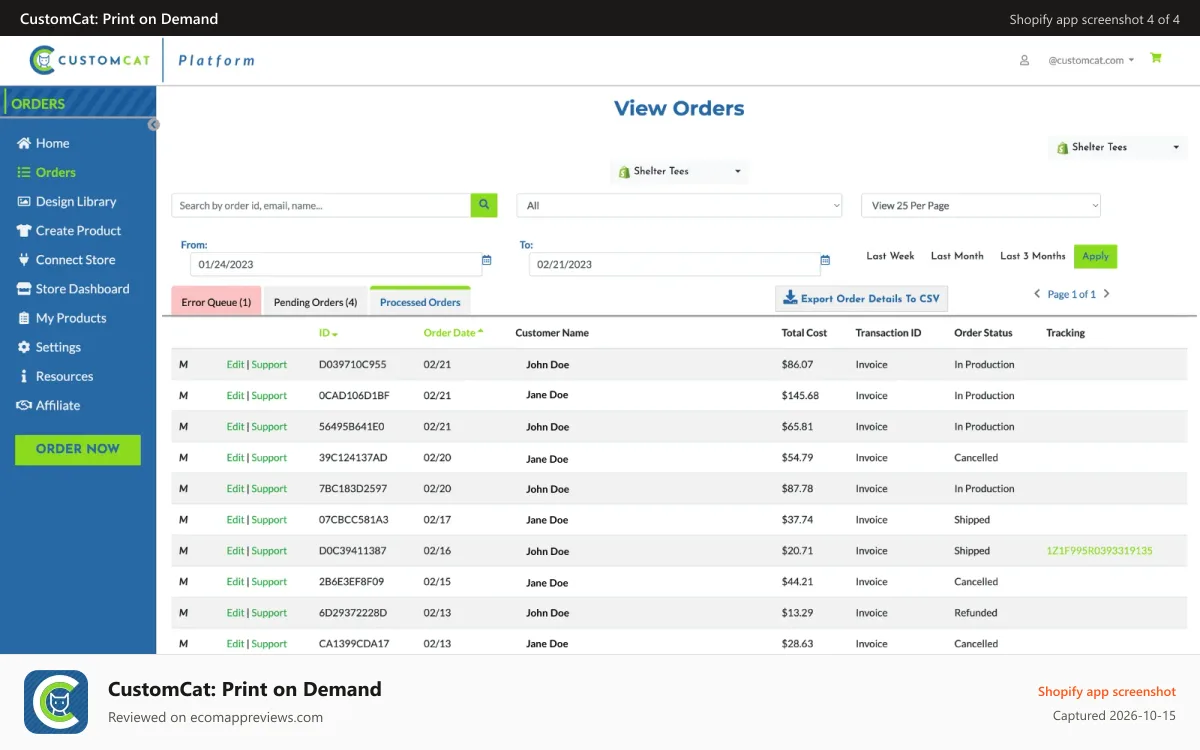 CustomCat: Print on Demand Shopify app screenshot: Manage Orders from the CustomCat Dashboard