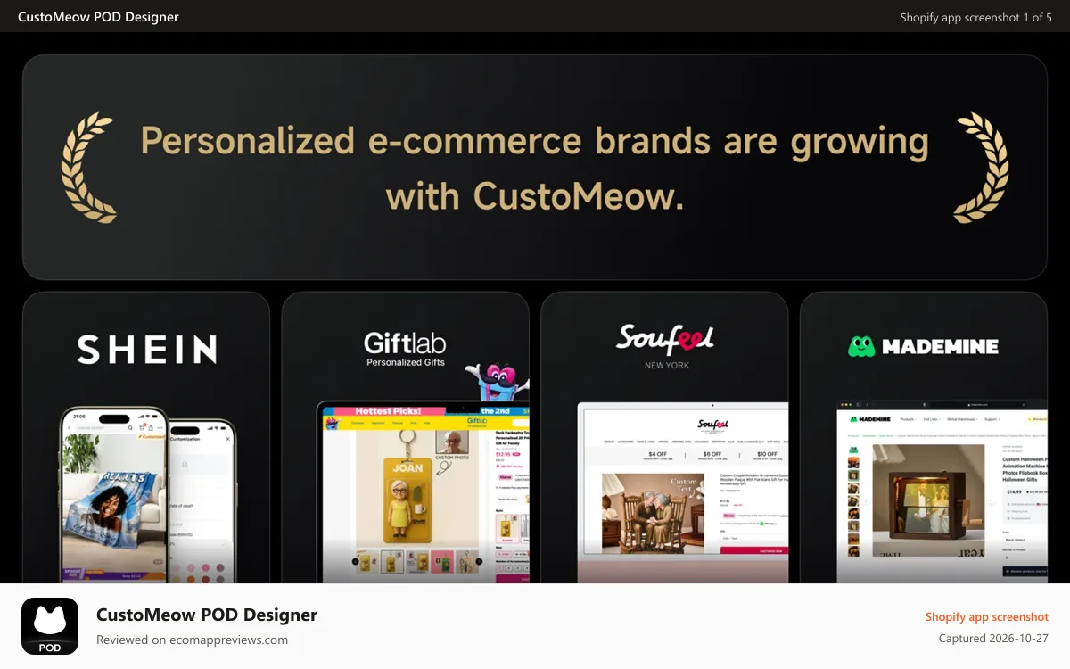 CustoMeow POD Designer Shopify app screenshot: Personalized e-commerce brands are growing with CustoMeow