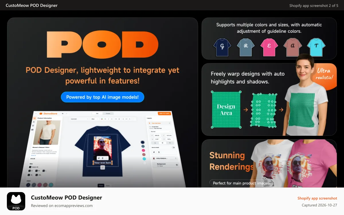 CustoMeow POD Designer Shopify app screenshot: POD Designer, lightweight to integrate yet powerful in features!