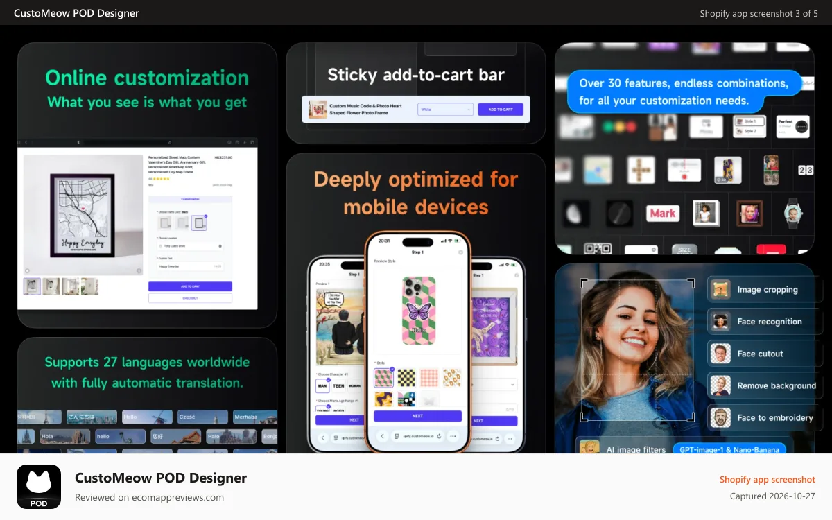CustoMeow POD Designer Shopify app screenshot: Online customization, What you see is what you get