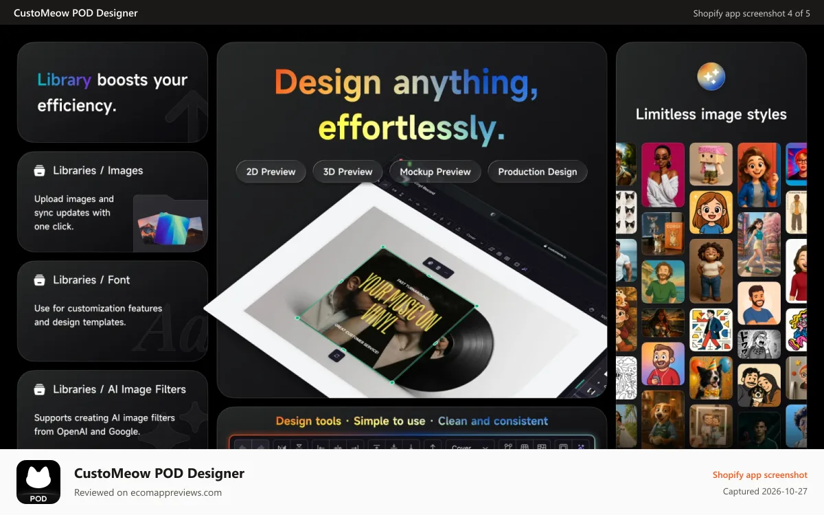CustoMeow POD Designer Shopify app screenshot: Design anything, effortlessly.