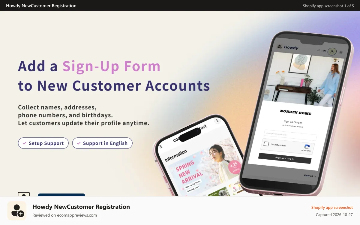 Howdy NewCustomer Registration Shopify app screenshot: Howdy new customer accounts sign-up form name address birthday