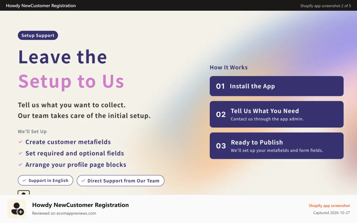Howdy NewCustomer Registration Shopify app screenshot: Howdy new customer accounts setup support create metafields