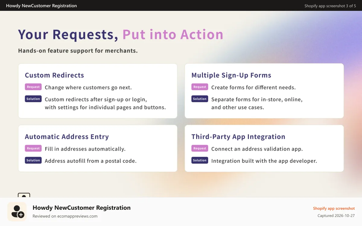 Howdy NewCustomer Registration Shopify app screenshot: Howdy new customer accounts sign-up form your requests in action