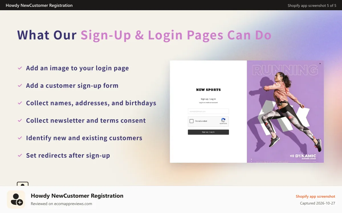 Howdy NewCustomer Registration Shopify app screenshot: Howdy sign-up form metafields newsletter consent redirects