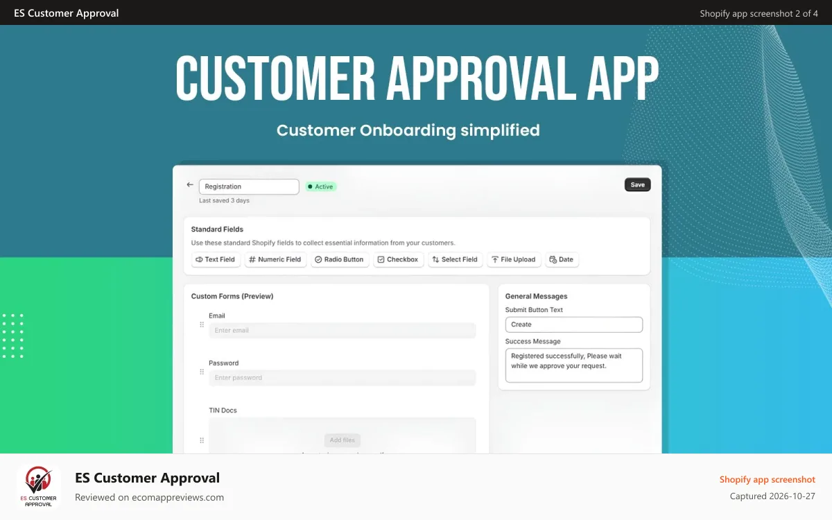 ES Customer Approval Shopify app screenshot: Setting up Custom Form